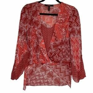 BCBG MaxAzria Nickelette Batik Printed 100% Silk Blouse XXS